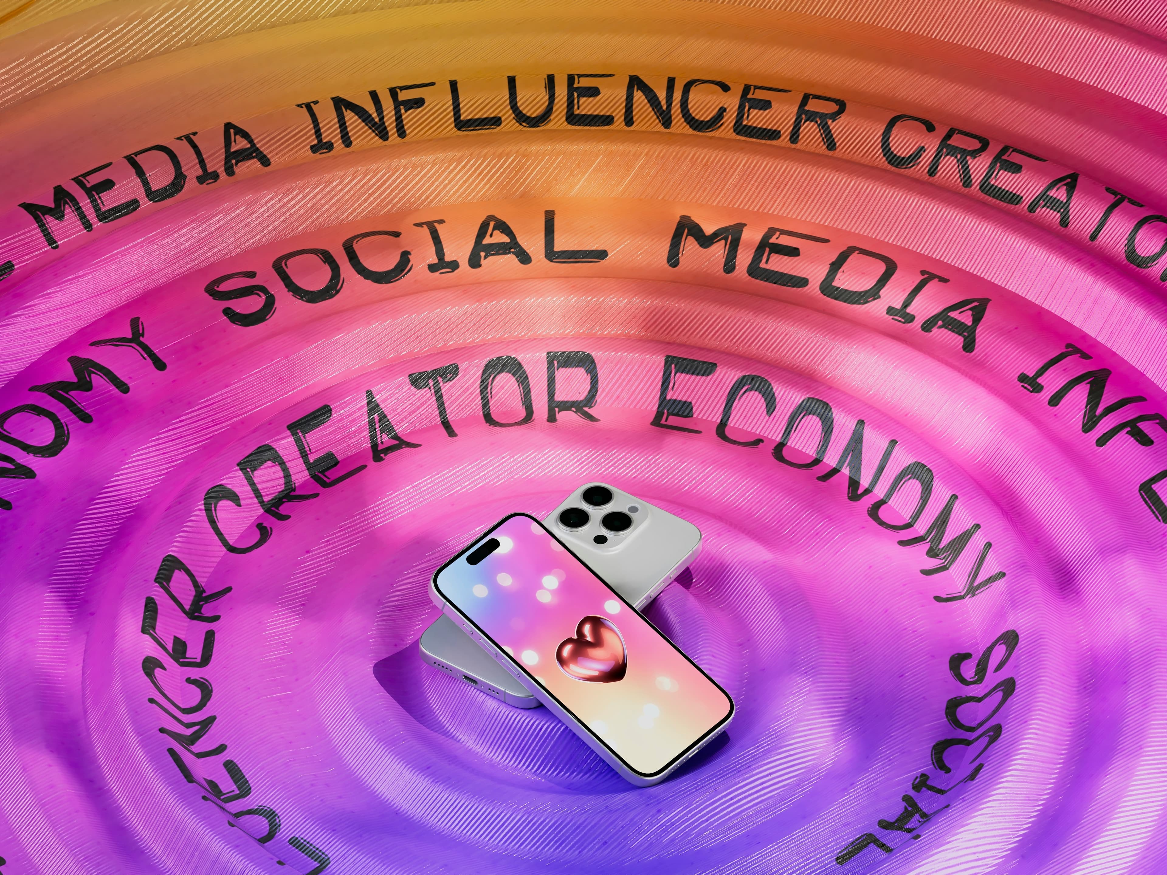 an iPhone swirls in a multicolor liquid cloud with social media creator economy words swirling